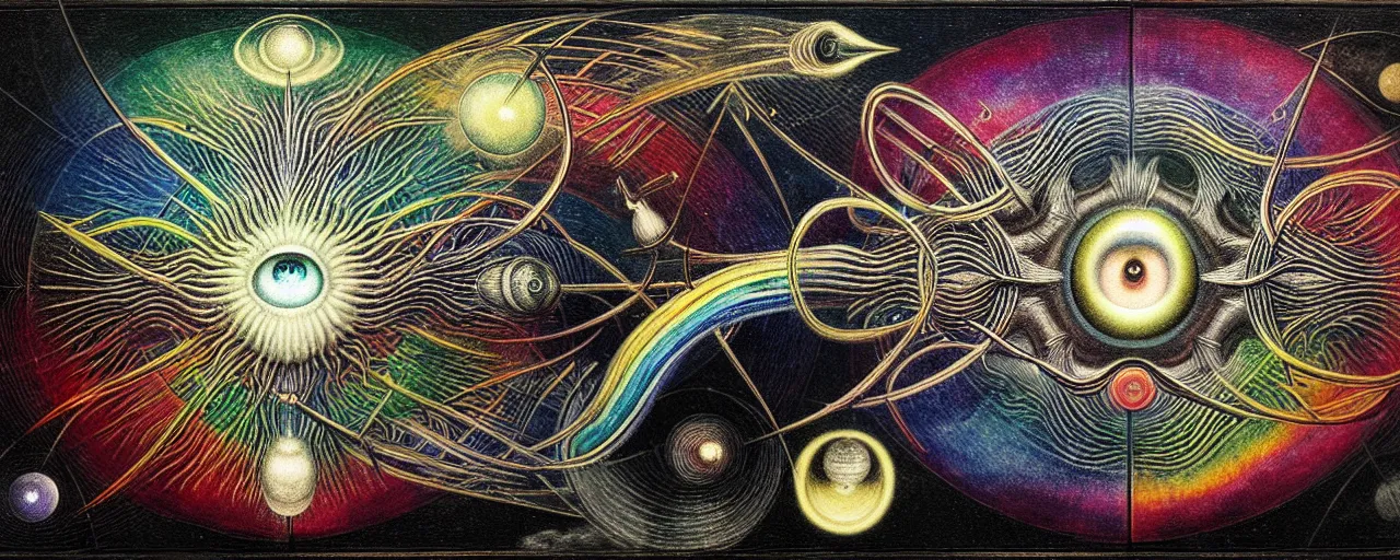 Image similar to a strange bifrost creature with endearing eyes radiates a unique canto'as above so below'while being ignited by the spirit of haeckel and robert fludd, breakthrough is iminent, glory be to the magic within, in honor of saturn, painted by ronny khalil