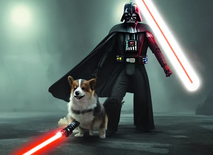 Image similar to a Photorealistic dramatic hyperrealistic render of darth vader with lightsaber drawn facing off against a calm cute corgi in battle, futuristic star wars vibe, by WLOP and Artgerm and Greg Rutkowski and Alphonse Mucha, Beautiful dynamic dramatic dark moody lighting, shadows, cinematic atmosphere, Artstation, concept design art, Octane render, 8K, masterpiece, sharp focus