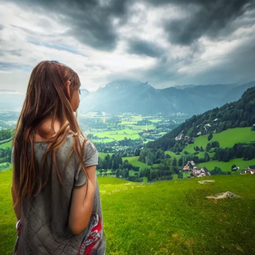 Image similar to a beautiful photograph of a girl with switzerland landscape in the background with trees, hdr, 8 k, high quality, sharp focus, artstation, highly detailed, award - winning, dramatic lighting, beautiful clouds, and nature