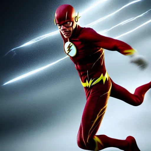 Image similar to realistic photo of Morgan Freeman as The Flash, heroic pose, white fog, key lighting, octane render