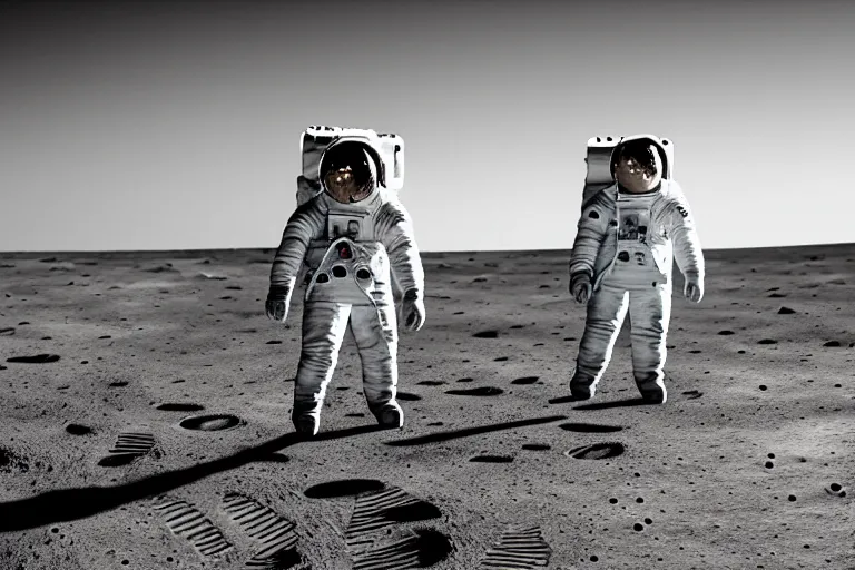 Image similar to still photo of astronaut walking on the surface of moon, black and white color aesthetics, highly detailed, photorealistic portrait, bright studio setting, studio lighting, crisp quality and light reflections, unreal engine 5 quality render