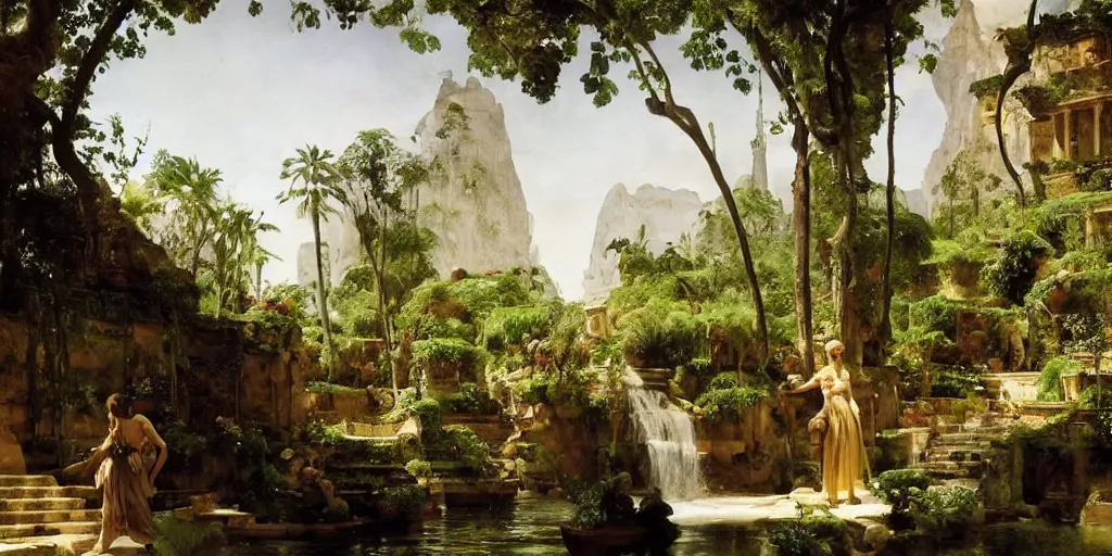 Prompt: beautiful landscape oil matte painting, of bustling empire hanging gardens of babylon, art by anders zorn, wonderful masterpiece highly detailed, beautiful cinematic light deep focus, elegant, digital painting, smooth, sharp focus, golden ratio, dramatic illumination, ultra realistic, 8 k, art by artemisia lomi gentileschi and caravaggio