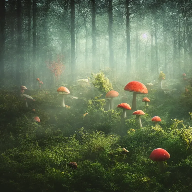 Image similar to a planet of various fungus like trees, mushrooms, flowers and plants, artistic photography, conceptual, long exposure outside the city, volumetric light