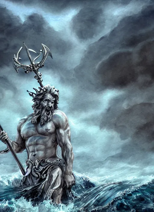 Image similar to Poseidon with crown and trident rising from the ocean, watercolor, dramatic lighting, cinematic, establishing shot, extremly high detail, foto realistic, cinematic lighting, pen and ink, intricate line drawings, by Yoshitaka Amano, Ruan Jia, Kentaro Miura, Artgerm, post processed, concept art, artstation, matte painting, style by eddie mendoza, raphael lacoste, alex ross