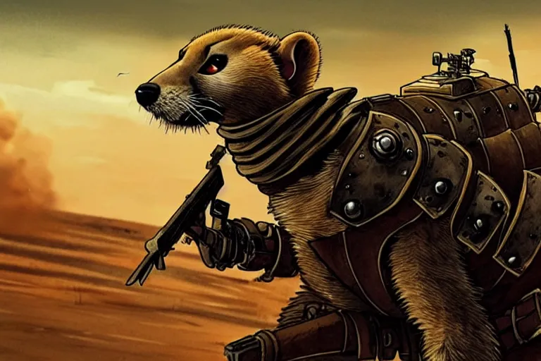 Image similar to a good ol'weasel fursona ( from the furry fandom ), heavily armed and armored facing down armageddon in a dark and gritty version from the makers of mad max : fury road. witness me.