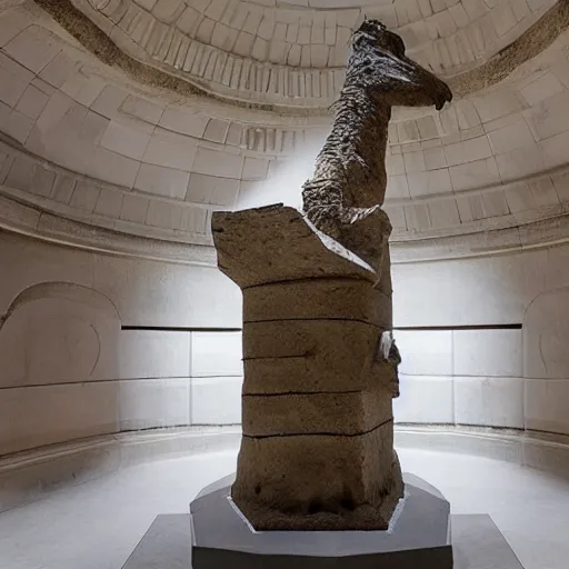 Image similar to futuristic ancient creature arrived through a portal, ancient statue in museum