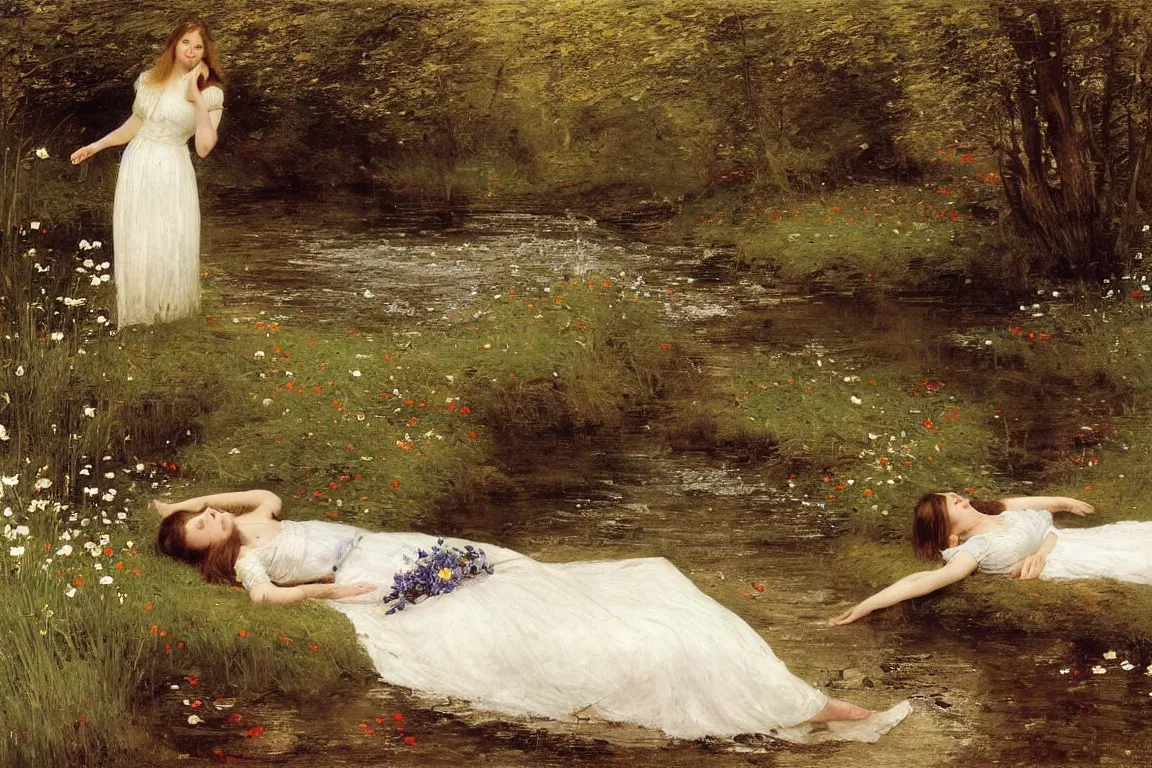 Prompt: Beautiful woman lying horizontal in a dark water stream. Flowers in hand. White dress, light dark long hair. Apathetic, pale. Poppies, daisies, pansies. Most accurate and elaborate studies of nature ever made. The background Hogsmill river in Surrey, rich Forest, dark, wood, bushes. Naturalistic. Painting by John Everett Millais.