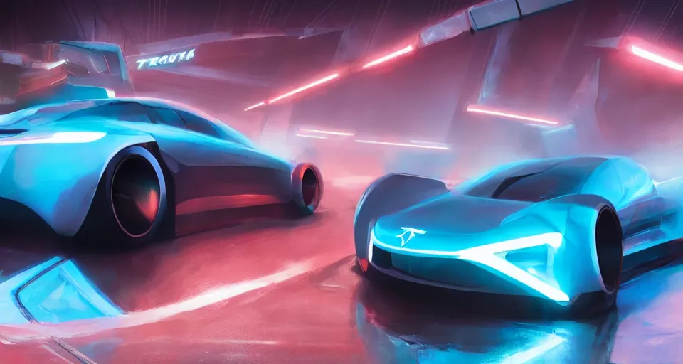 Image similar to product shot of a tron tesla light neon car, hot wheels, wipe out, hyper realistic, concept art, smooth, high contrast, volumetric lighting, octane, raytrace, syd mead, artgerm, jim lee,