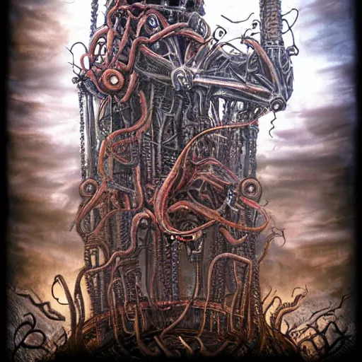 Prompt: lovecraftian biomechanical machine-tower with fleshy tendrils and eyeball at top overlooking dystopian wasteland, highly detailed, colorful with red hues