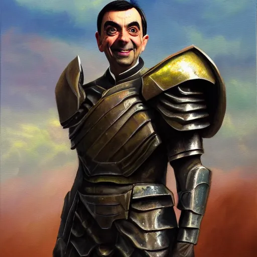 Image similar to an oil painting of mr bean in mjolnir armor, 8k, halo