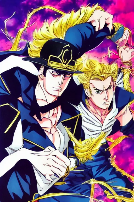 Image similar to manga cover, jotaro vs dio, art by hirohiko araki, vogue outfit, dynamic pose, action pose, muscular, cel - shading coloring