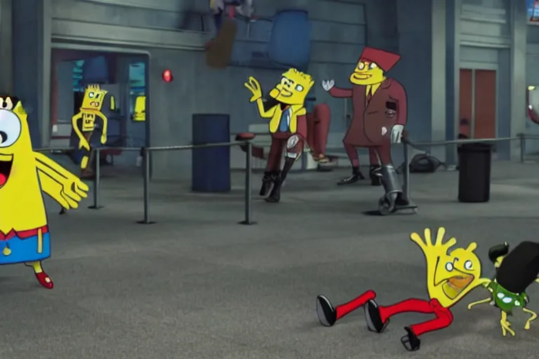 Image similar to Spongebob Squarepants in the airport fight scene from the movie, Avengers: Civil War