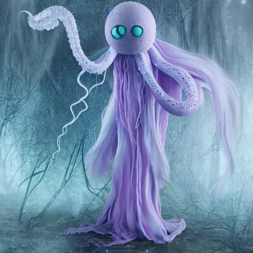 Image similar to ethereal spectral live action muppet ghost like figure with a parasitic squid head taking over its own with four long tentacles for arms that flow gracefully at its sides like a cloak, it has a mermaid like body with a snake tail instead of legs, it stalks around frozen forests searching for lost souls to consume, hides in the shadows of trees, this character uses hydrokinesis and electrokinesis, it is a real muppet by sesame street, photo realistic, real, realistic, felt, stopmotion, photography, sesame street, monsters inc pixar