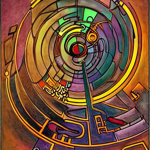 Image similar to maze labyrinth steampunk by albert gleizes and by hilma klint, hd, artstation, fluid colors, drip