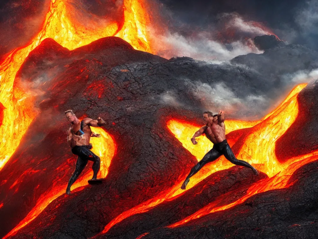 Image similar to arnold schwarzenegger surfing on lava from an erupting volcano, stunning scene, 8 k, digital painting, hyperrealism, bright colors, trending on artstation