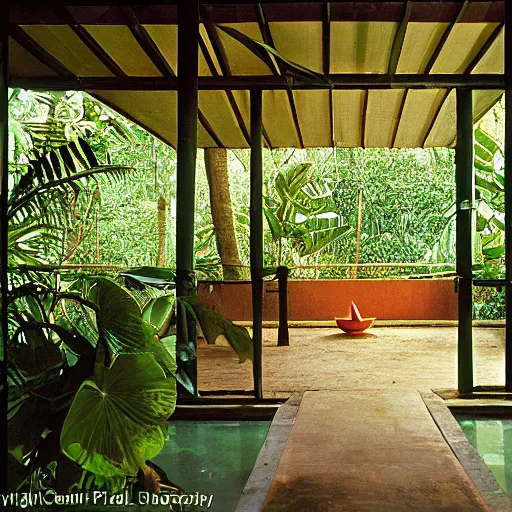 Prompt: A tropical modern villa in the jungles of goa, near a lotus pond, photograph by Harry Gruyaert, shot on large format film camera, natural light,