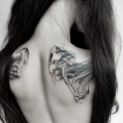 Image similar to muscular girl, long hair, tattooed back, photo