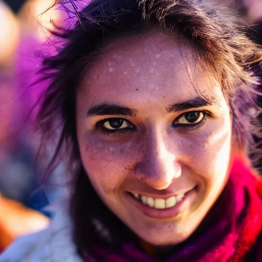 Image similar to a ultra high resolution close - up of a beautiful young woman standing in crowd of psytrance music festival, looking down at the camera. her face is partially obscured by a red scarf, and she has a smiling expression. the light is dim, and the colours are muted. kodak etkar 1 0 0.