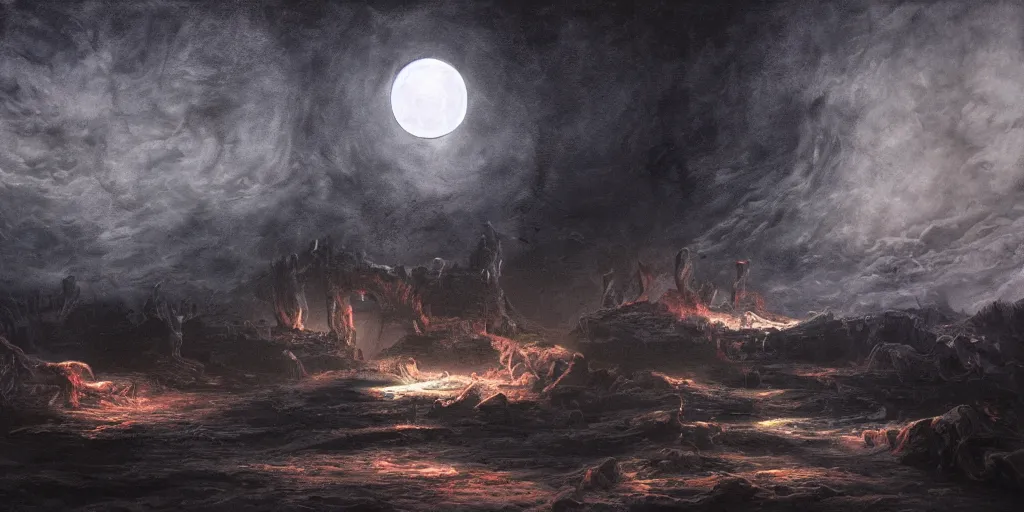 Prompt: hyper detailed beautiful painting of the gates to hell, midnight, massive crescent moon, moon light, volumetric lighting, dark, scary, sad, back lit