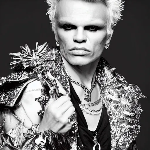 Image similar to portrait billy idol dressed in fantasy fashion, alexander mcqueen, shiny metal, standing in a desert