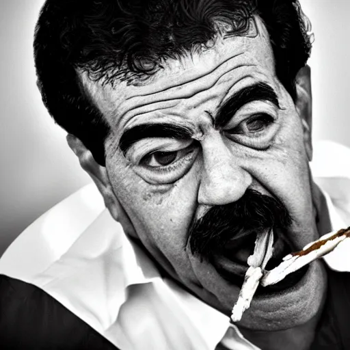 Image similar to saddam hussain eating crayons, realistic, award winning, photography,