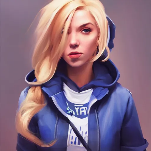 Prompt: greg manchess portrait of a beautiful girl with blonde hair, wearing a blue hoodie, as an overwatch character, medium shot, asymmetrical, cinematic lighting, sharp shadows, profile picture, organic painting, matte painting, bold shapes, hard edges, street art, trending on artstation, by huang guangjian and gil elvgren and sachin teng