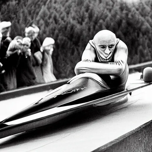 Image similar to portrait of nosferatu is doing bobsleigh alone, sport photography