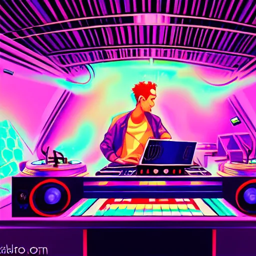 Image similar to a dj creating disco music in an underground lab, surrounded by large retro speakers, digital painting, artstation, ristan eaton, victo ngai, artgerm, rhads, ross draws, anime styled, hd, 4 k