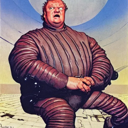 Prompt: full body portrait of actor Kenneth McMillan as baron harkonnen wearing ragged leather spacesuit and floating ten feet above floor in dystopian science fiction palace, painted by norman rockwell and tom lovell and frank schoonover, dune 1982 movie