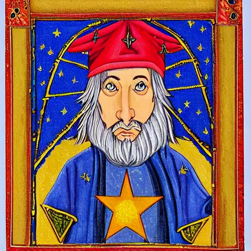 Prompt: adult wizard wearing a byzantine style hat and a robe with star and moon pattern, a large star symbol on the hat