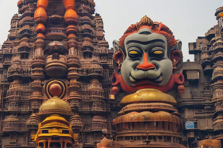 Image similar to high quality 3 d cyberpunk biomorphic hanuman head building in the middle of mumbai!!, kalighat highly detailed, cinematic smooth, stephen shore & john j. park, soft morning light, wide shot, high angle, uhd 8 k, deep focus