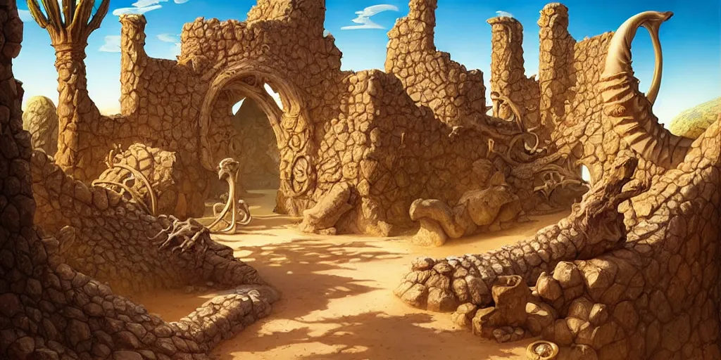 Image similar to a fantasy desert oasis landscape, ruins, bones, grottoes, arid ecosystem, digital illustration by michael whelan and leyendecker and artgerm, intricate details, surreal, photorealistic, award winning