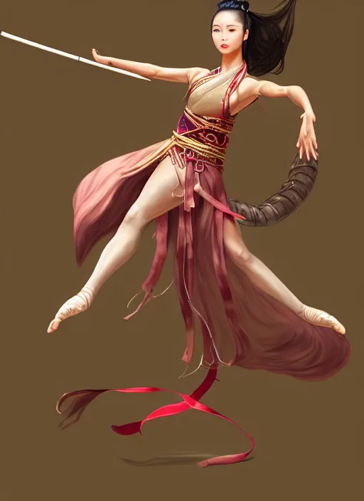 Image similar to full body portrait of a barefoot female dancer using a silk belt as weapon, barefoot, tanned skin, athletic, vivacious, hanfu, fully clothed, absurdly beautiful, chinese ribbon dance, silk belt, scorpion whip, wuxia, battle, detailed, anatomically accurate, fantasy illustration, drawn by wlop, artstation.