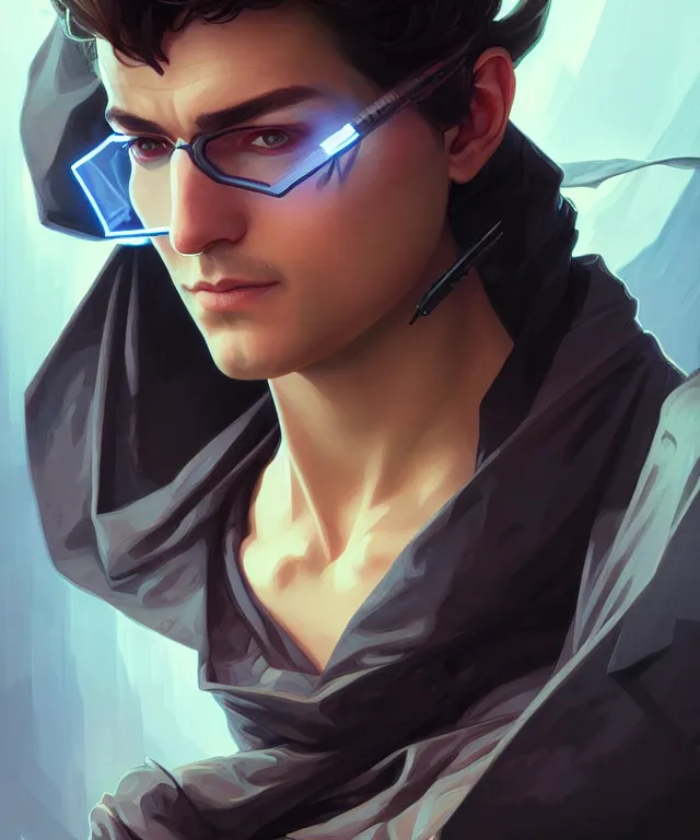 Image similar to Hacker man portrait hacks computer, highly detailed, digital painting, artstation, concept art, smooth, sharp focus, illustration, art by artgerm and greg rutkowski and alphonse mucha