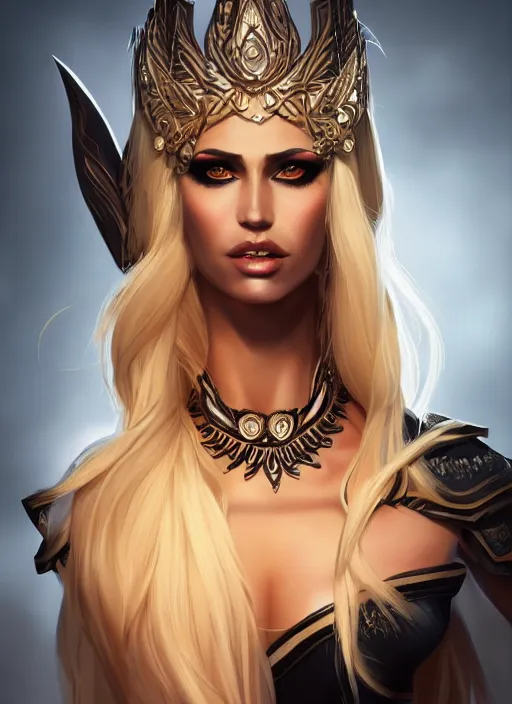 Image similar to a highly detailed illustration of fierce blonde tanned skin goddess ereshkigal wearing black dress, dramatic powerful pose, perfect face, perfect body, intricate, elegant, highly detailed, centered, digital painting, artstation, concept art, smooth, sharp focus, league of legends concept art, wlop