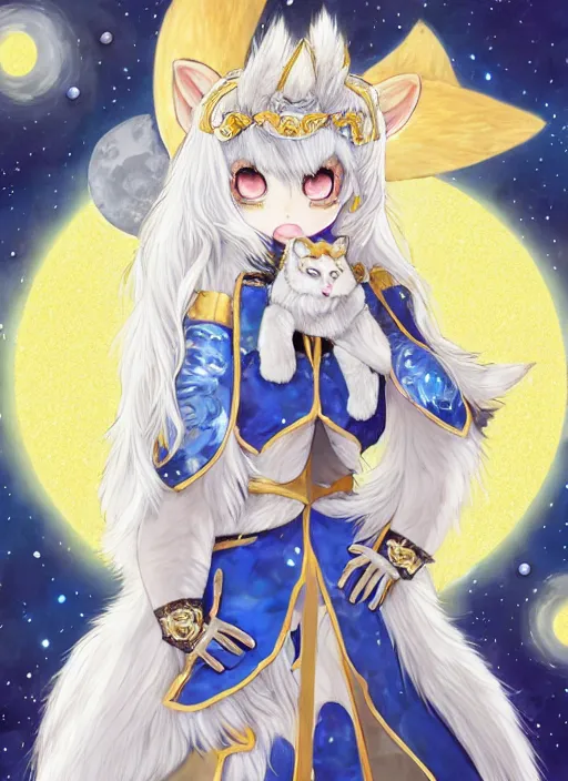 Image similar to commissioned full body portrait of a female anthro wolf princess fursona with a furry wolf head and white hair wearing a blue and gold Japanese armored dress in a white and gold palace on a starry night with a large crescent moon, by a professional manga illustrator, Stanley Artgerm Lau, WLOP, Rossdraws, James Jean, Andrei Riabovitchev, Marc Simonetti, and Sakimichan, trending on artstation