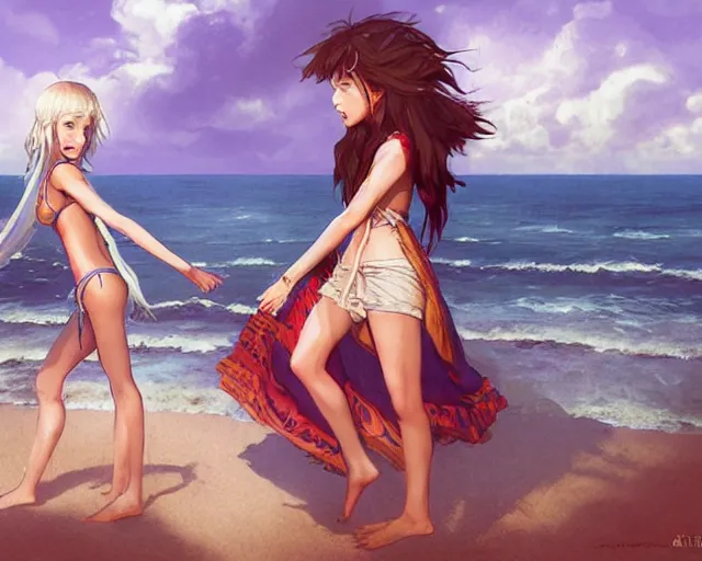 Prompt: a cinematic boy girl traditional romance moment, exploring the beach boho clothing, full body illustration,bestselling movie art poster, official media, 1970s fashion, official anime media, incredible art by artgerm and greg rutkowski and doja cat