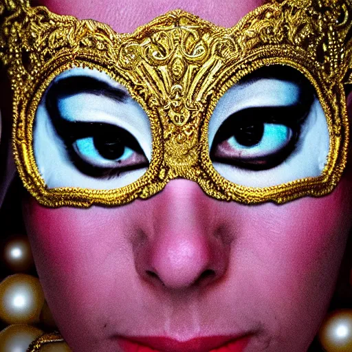 Image similar to a woman wearing a gold mask with pearls, a colorized photo by tahir salahov, pixabay contest winner, rococo, movie still, anaglyph filter, fantasy