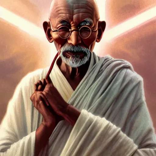 Image similar to a photorealistic portrait of ghandi as a jedi in star wars cinematic lighting, photorealistic, octane render, 8 k, depth of field, 3 d, art by artgerm and greg rutkowski and alphonse mucha and uang guangjian and gil elvgren and sachin ten