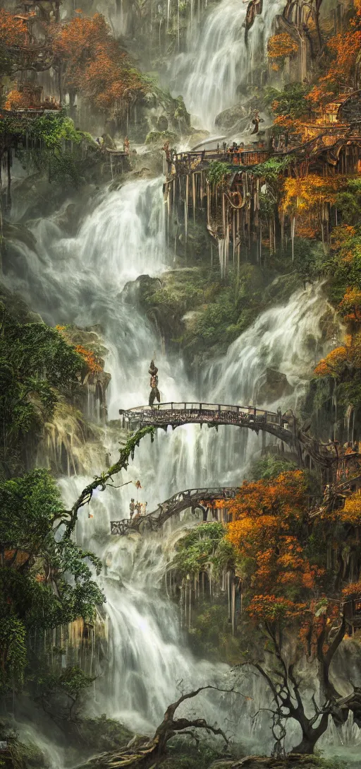 Image similar to wooden elven City with golden roofs, arches and bridges on top of a WATERFALL in the fall, gnarly trees, lush vegetation, forrest, a small stream runs beneath the waterfall, landscape, raphael lacoste, eddie mendoza, alex ross, john howe, concept art, matte painting, highly detailed, rule of thirds, dynamic lighting, cinematic, detailed, denoised, centerd, clean render