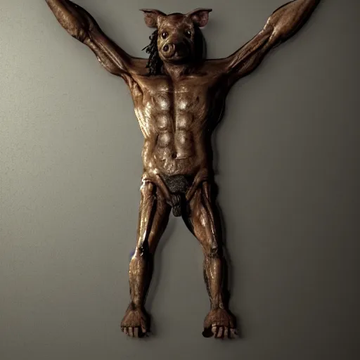 Image similar to a highly detailed realistic photographic render crucified humanoid pig, christ with the head of a pig, dead souls, religious sculpture, creepy, cinematic lighting, cinematic scene, Volumetric lighting, Atmospheric scene, Dark, Horror, Atmospheric lighting, Global illumination, realistic, photo realism, hyper realistic, hyper realism, photo realisitc, cinematic render, film, beautifully lit, ray traced, octane 3D render, octane render, unreal engine