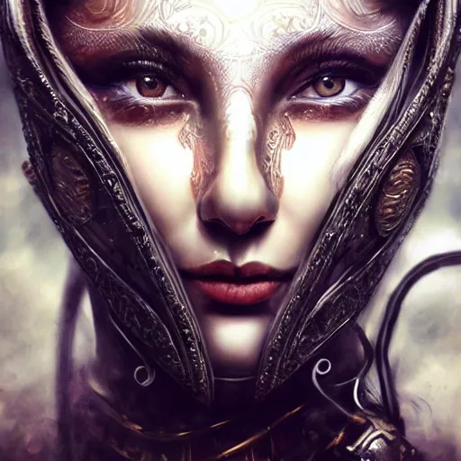 Image similar to Very very very very highly detailed epic photo of face with venetian mask, intricate, dystopian, sci-fi, extremely detailed, digital painting, artstation, concept art, smooth, sharp focus, illustration, intimidating lighting, incredible art by Artgerm