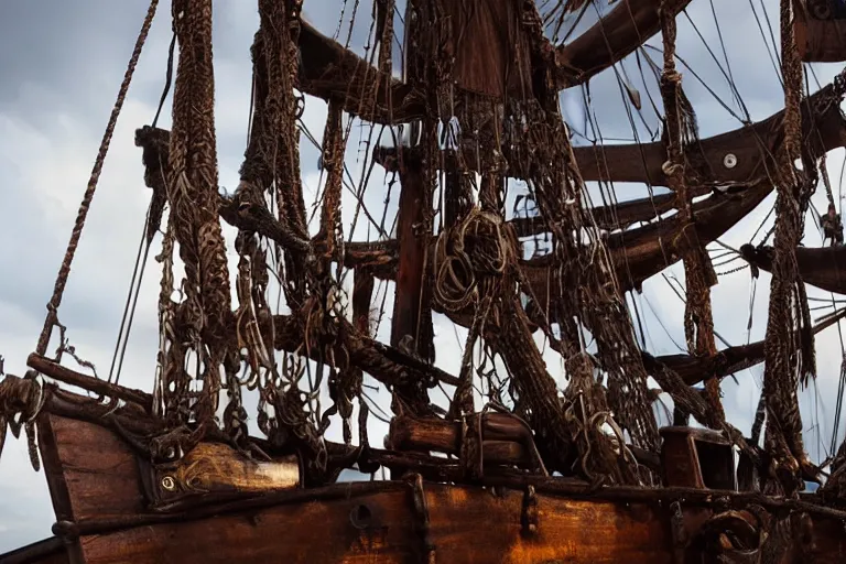 Prompt: closeup product shot kraken rum on an old pirate ship, by emmanuel lubezki