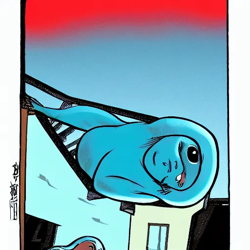 Prompt: blue baby baby seal on top of a roof, dark lighting, wide shot, comix by dave gibbons and john higgins