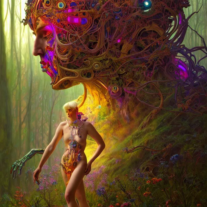 Image similar to bright psychedelic portrait of giant organic cyborg over an ancient forest, diffuse lighting, fantasy, intricate, elegant, highly detailed, lifelike, photorealistic, digital painting, artstation, illustration, concept art, smooth, sharp focus, art by John Collier and Albert Aublet and Krenz Cushart and Artem Demura and Alphonse Mucha