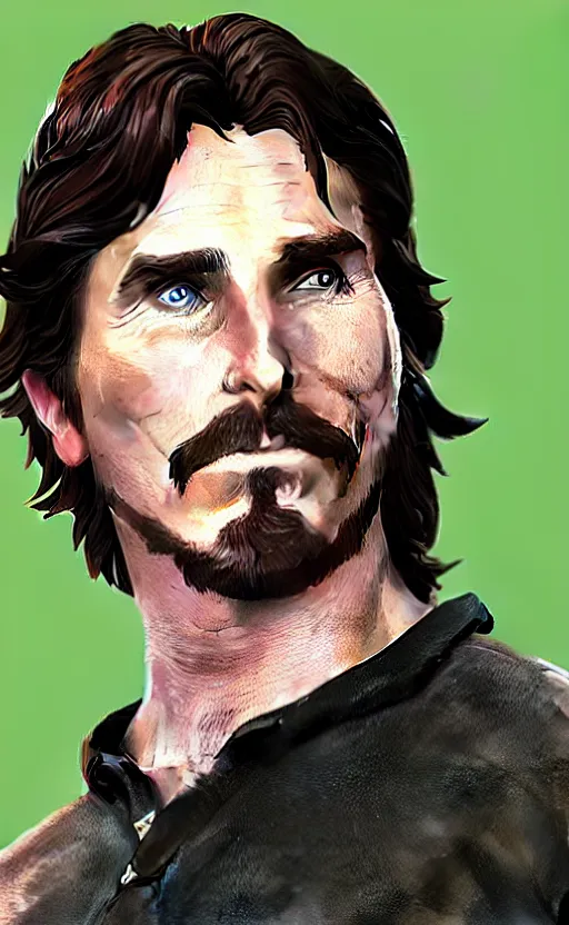 Image similar to Christian Bale as a character in the game League of Legends, with a background based on the game League of Legends, detailed face, old 3d graphics