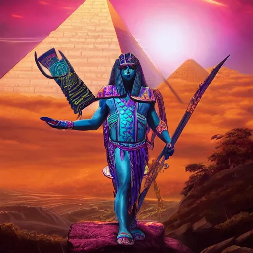 Prompt: osiris the god standing before a pyramid, d & d style, trending on artstation, colorful, intricate, art by kev chan