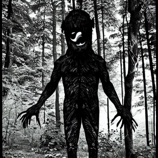 Image similar to creepy found footage of a monster in the woods