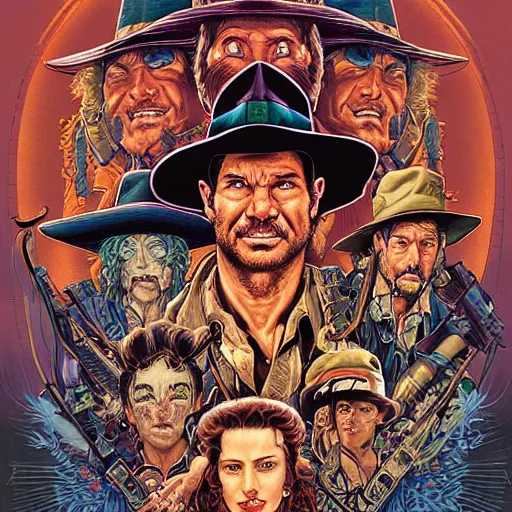 Image similar to portrait of crazy indiana jones, symmetrical, by yoichi hatakenaka, masamune shirow, josan gonzales and dan mumford, ayami kojima, takato yamamoto, barclay shaw, karol bak, yukito kishiro