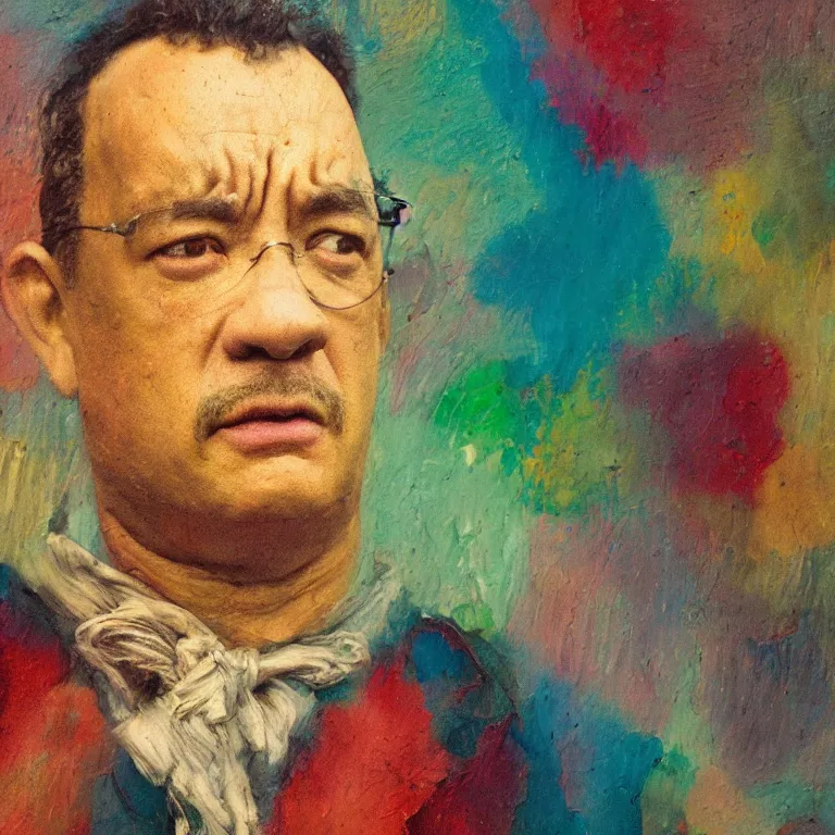 Image similar to colorfully tinted Antique tintype of Beautiful warmly lit close up expressionistic oil painting studio portrait of very angry! Tom Hanks, impasto oil painting heavy brushstrokes by Cy Twombly and Anselm Kiefer , trending on artstation dramatic lighting abstract Expressionism